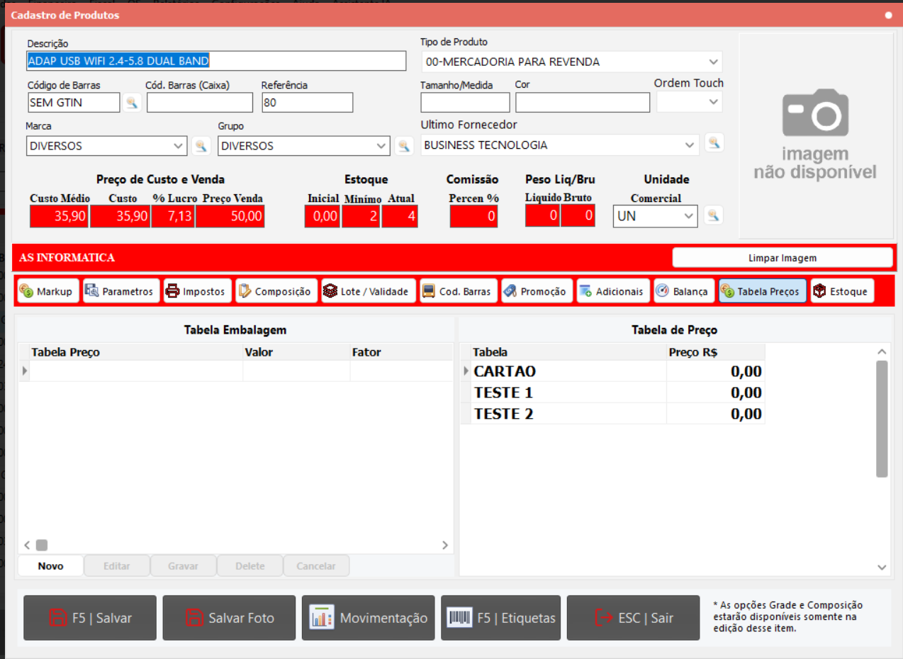 Cadastro de produtos ASoft