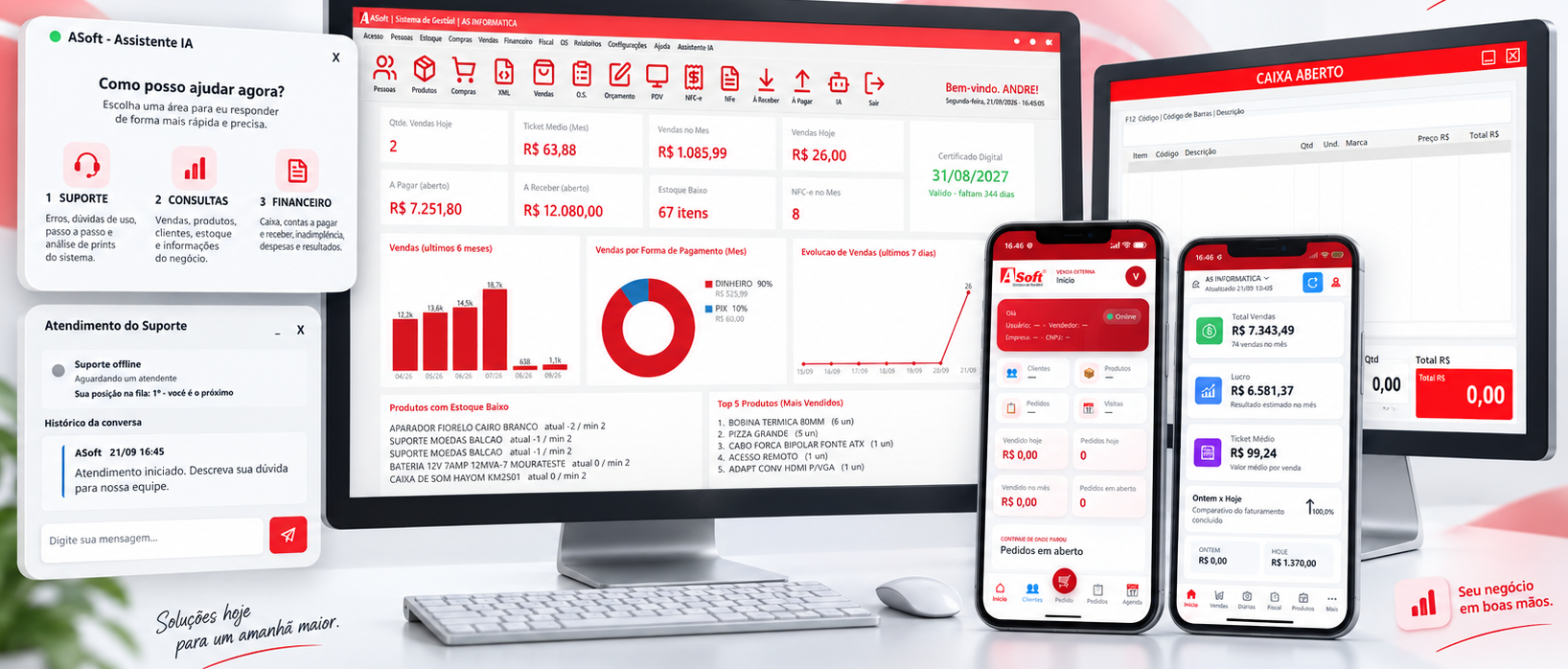 Ecossistema ASoft com dashboard, PDV, venda externa, assistente IA e suporte